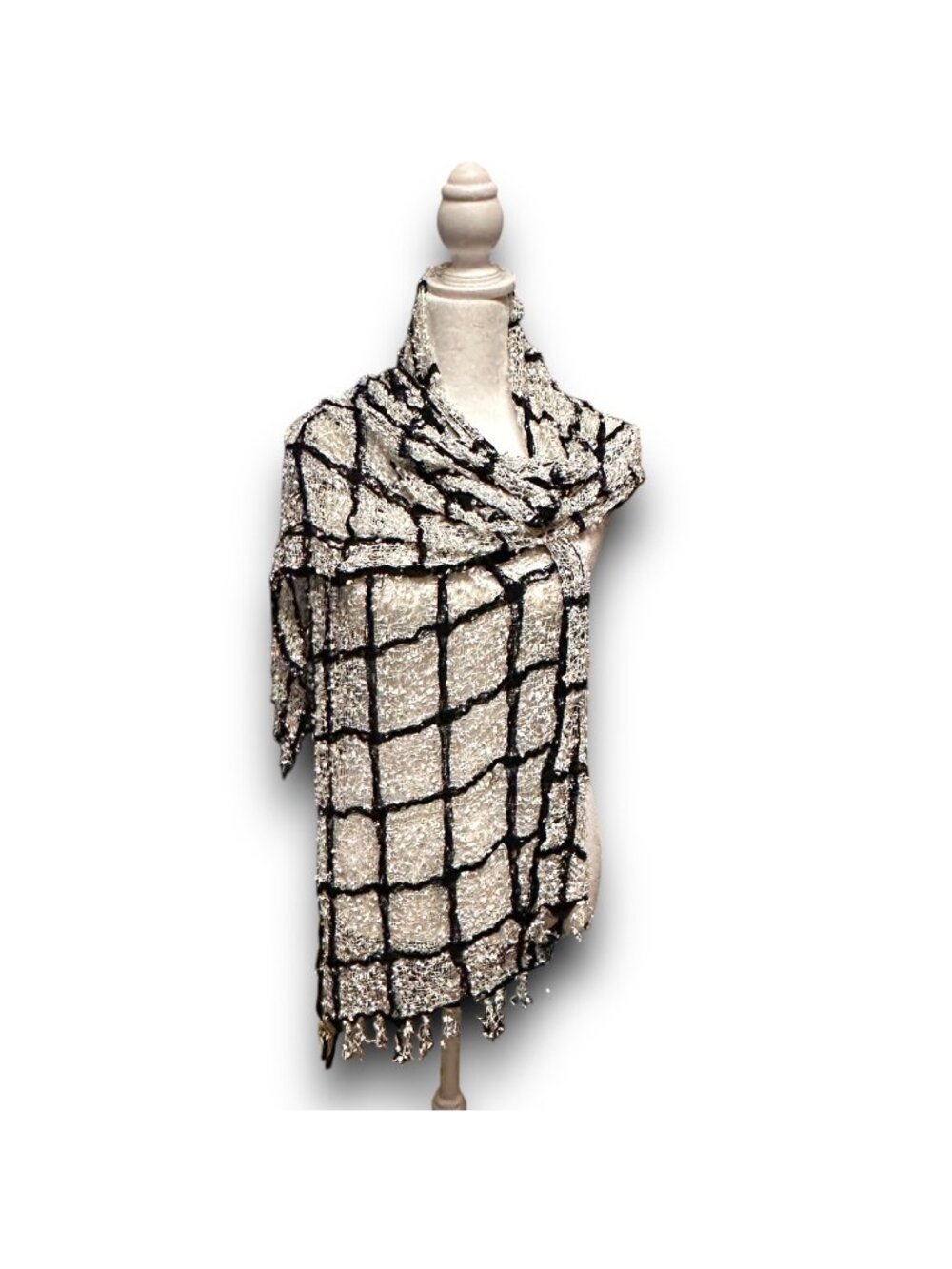 Elegant Black & White Handwoven Shawl With Fringe Detailing - Viscose Blend Made